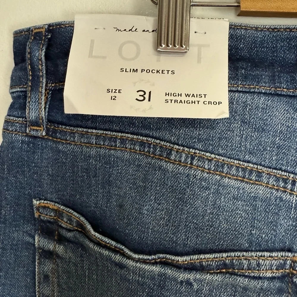 Loft Jeans Womens Size 12 31 Blue High Rise Waist Straight Crop Raw Hem NWT